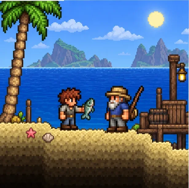 Een avonturier in Terraria-stijl houdt een gevangen vis vast naast de visser aan de kust.