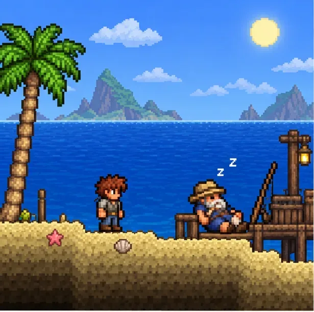 Een avonturier in Terraria-stijl vindt de slapende visser op een zandstrand aan de oceaan.