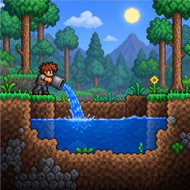 Een avonturier in Terraria-stijl giet water uit een emmer in een gegraven vijver.