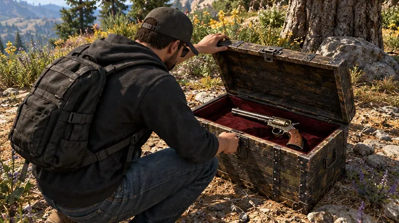 A player opens a wooden chest containing a gold-toned revolver.