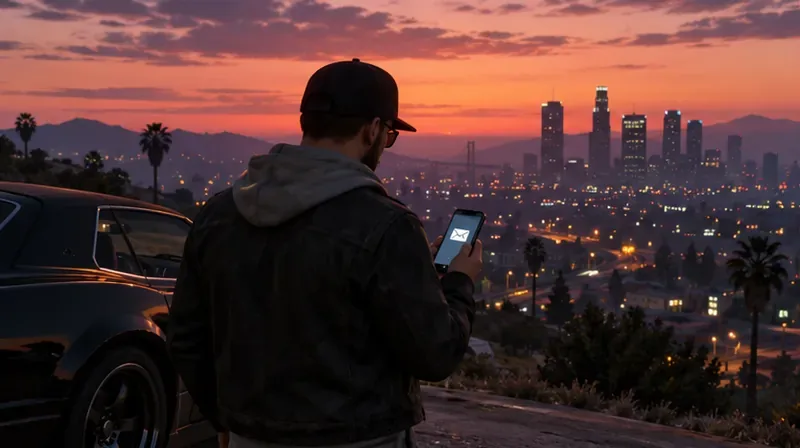 An online character stays in Freemode while checking a phone at dusk.