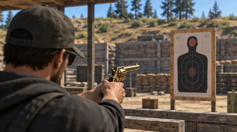 A player aims a revolver at a paper target at an outdoor range.