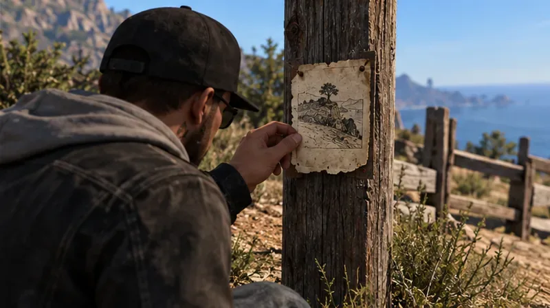 A player examines a paper clue attached to a wooden post.