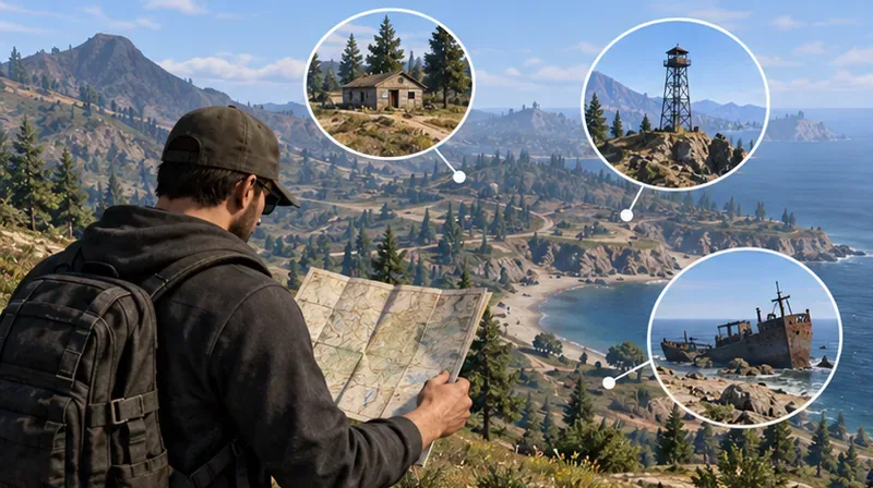 A player studies a map with three rural landmarks highlighted.