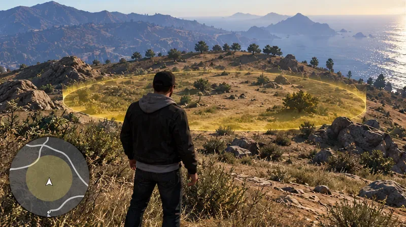 A player searches a highlighted hillside area in an open-world game.