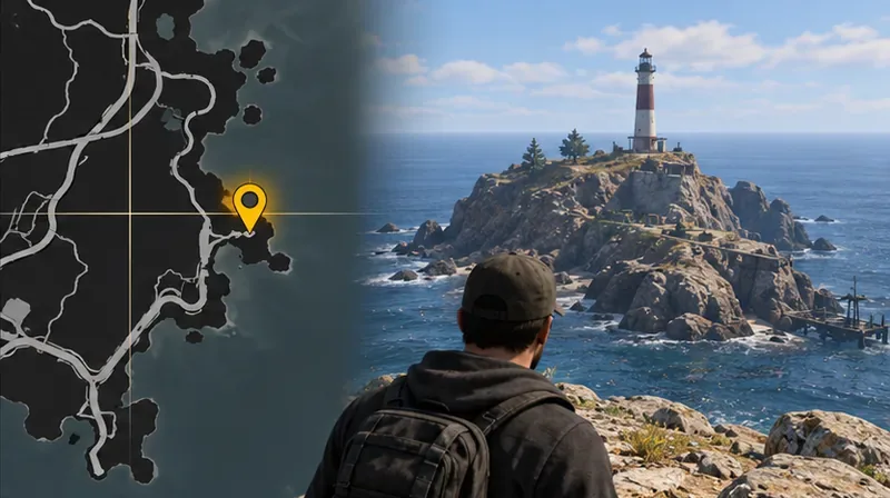 A player approaches a coastal landmark beside a map marker.