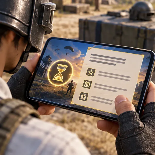A player reviews a generic event rules card on a phone, with an event timer and reward symbols.
