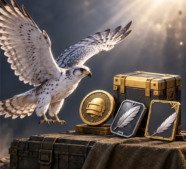 A falcon flies beside generic game reward tokens and chests.