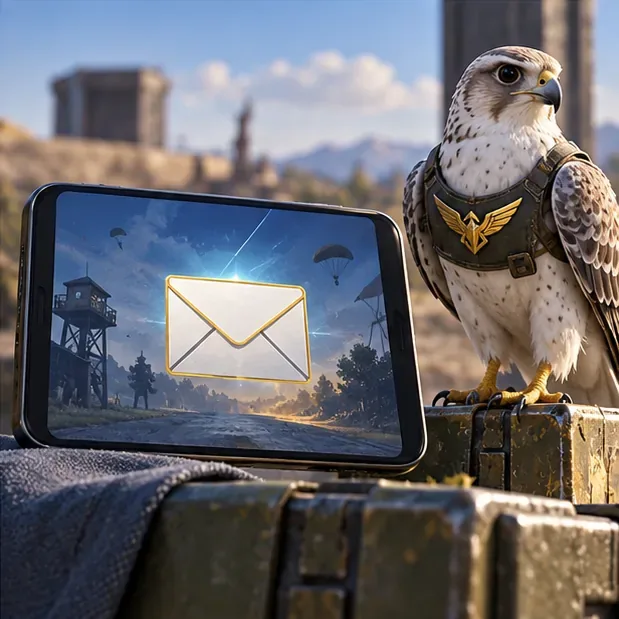 A phone displays a generic reward envelope beside a falcon companion.