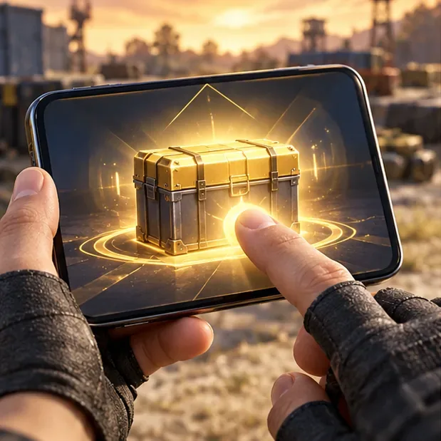 A player taps a reward chest on a phone after completing an event.