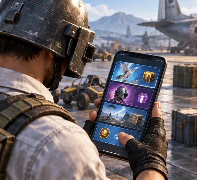 A PUBG MOBILE player checks event cards on a phone in a battle royale lobby.