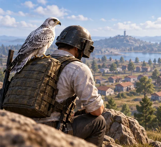 A falcon companion sits beside a helmeted player overlooking a battle royale landscape.