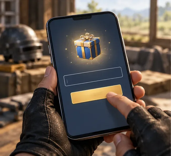 A hand uses a generic mobile redemption form with blank fields and no visible code.