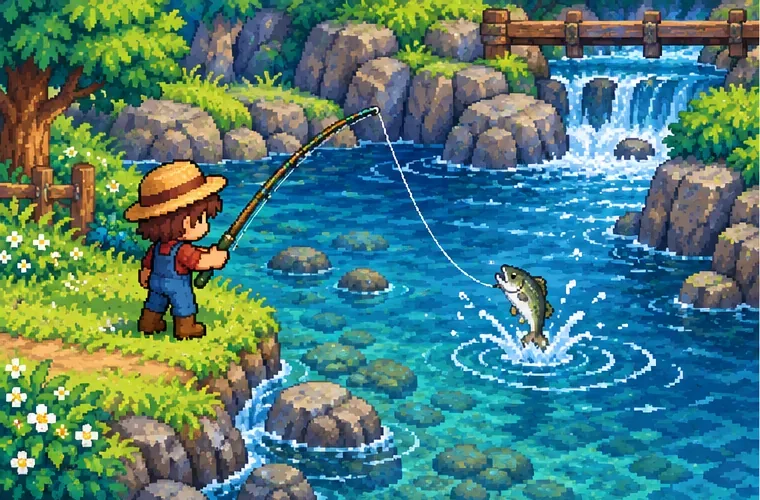 A farmer catches a fish with the Bamboo Pole beside a river