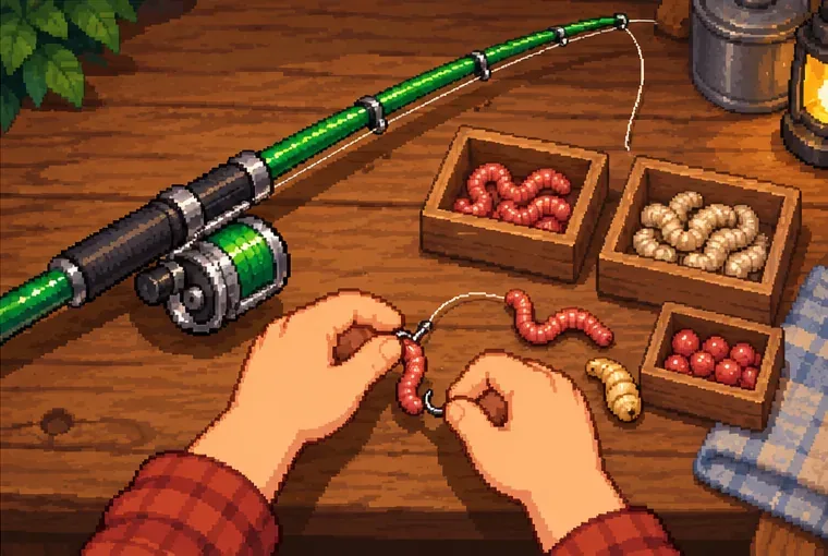 Hands attach a piece of bait to a green Fiberglass Rod