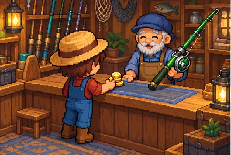 A farmer pays Willy for a green Fiberglass Rod at the shop counter