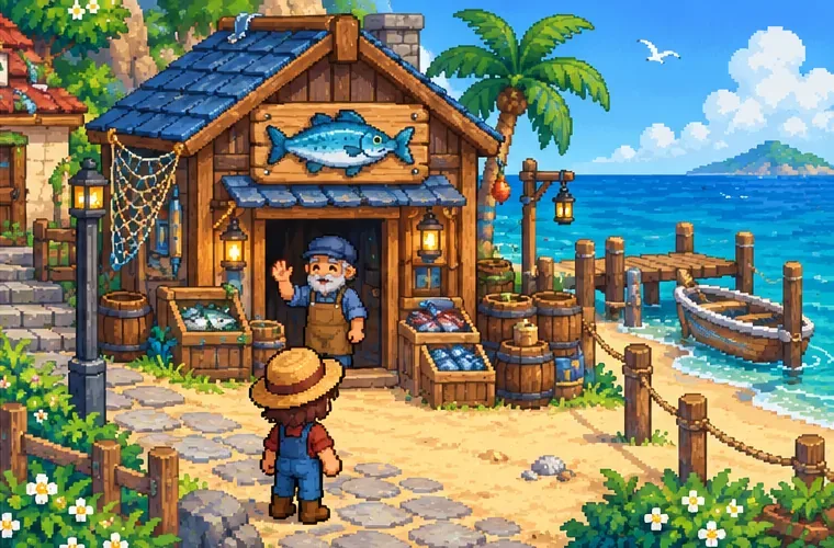 A farmer approaches a wooden fish shop on the beach