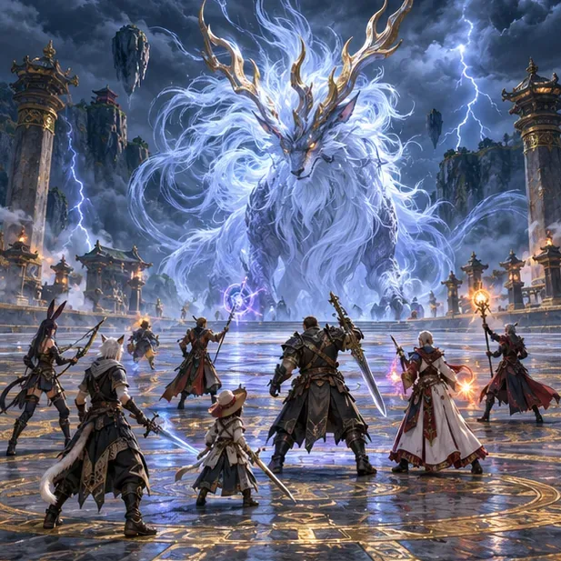 A party of adventurers faces a towering spectral creature in a storm-lit trial arena.