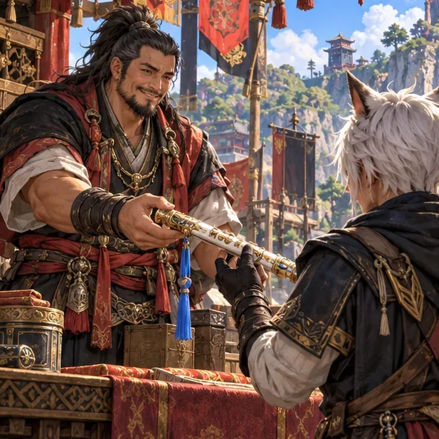 A vendor hands an ornate summoning flute to an adventurer at a market stall.
