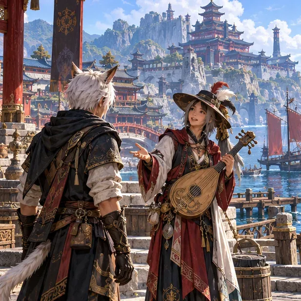 An adventurer speaks with a traveling minstrel in a harbor city, illustrating the Stormblood trial unlock step.