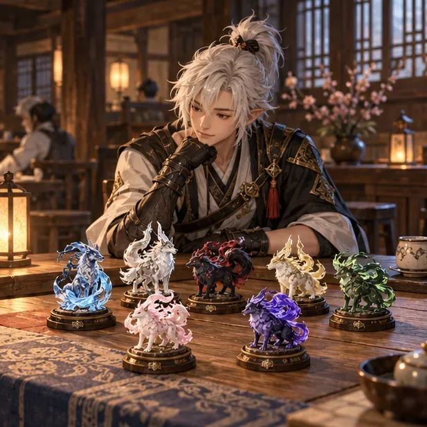 An adventurer studies seven miniature spectral wolf mounts arranged on a table.
