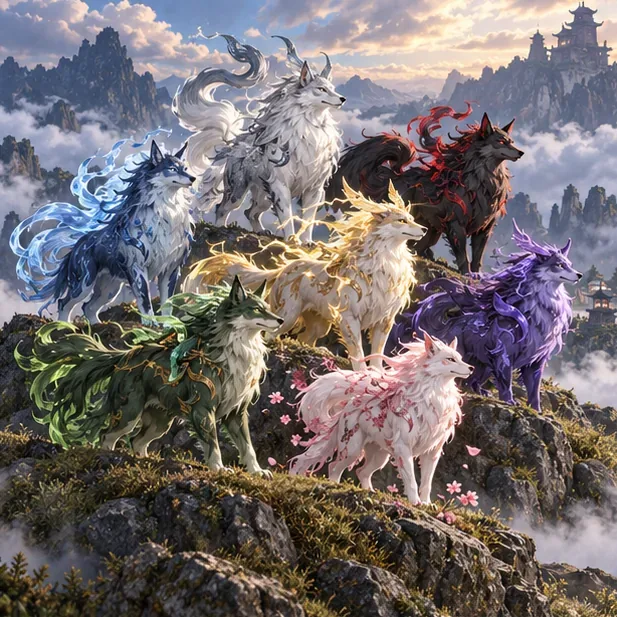 Seven differently colored spectral wolf-like mounts stand together on a mountain ridge.