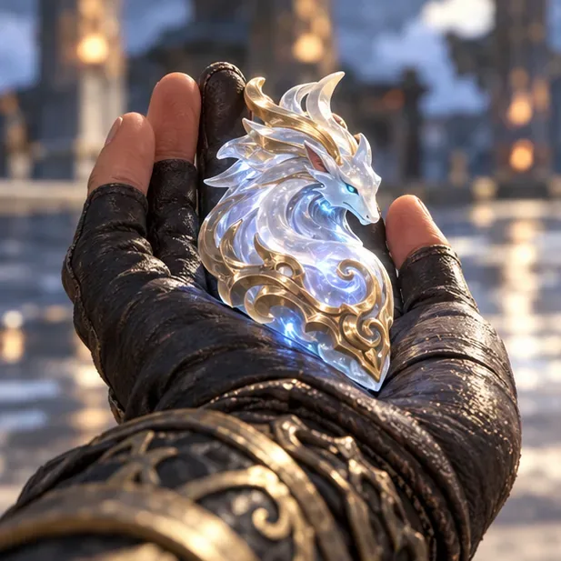 A carved, glowing totem rests in an adventurer’s gloved hand after a trial victory.