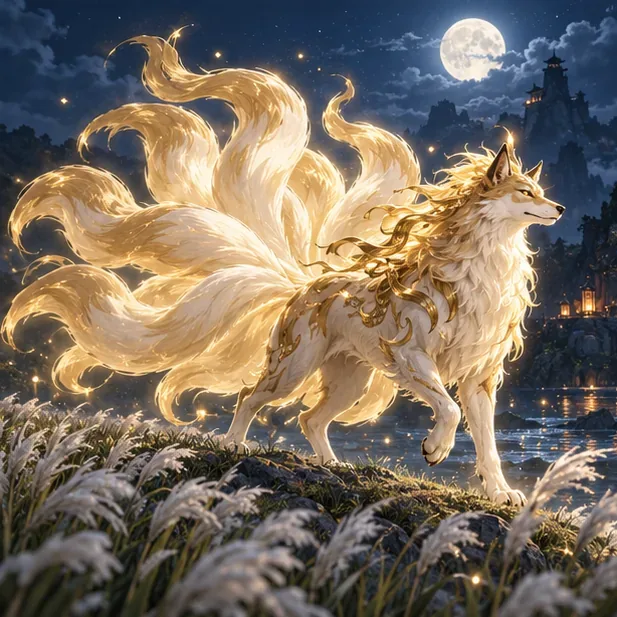 A luminous golden wolf-like mount runs through a moonlit field with a fan of flowing tails.