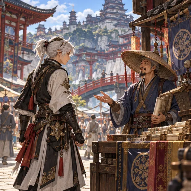 A traveler speaks with a street vendor beside a stall in a Far Eastern fantasy city.