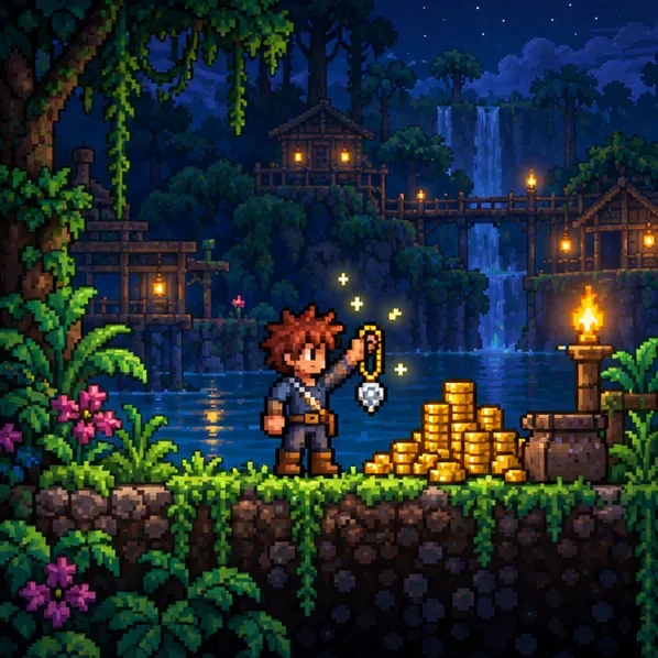 A pixel-art adventurer holds a pale necklace beside a pile of gold coins in a moonlit jungle village.