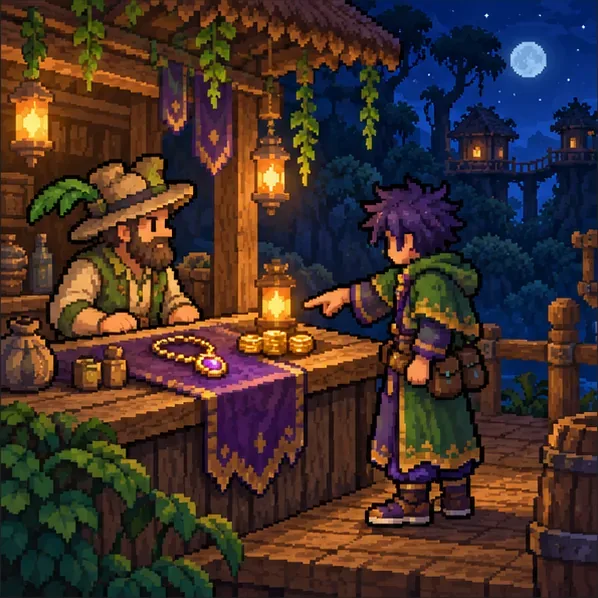 An adventurer points to a small necklace on a shop counter while the Witch Doctor stands behind it at night.
