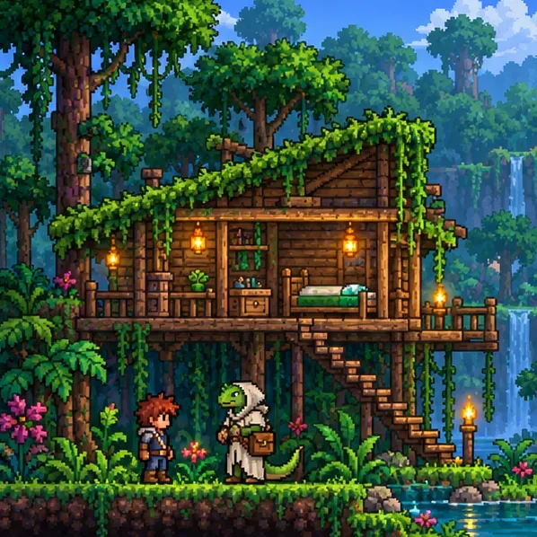 A green-scaled Witch Doctor stands beside an adventurer and a furnished wooden house built among Jungle trees.