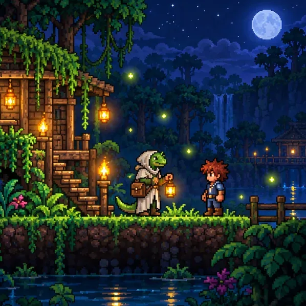 The Witch Doctor and an adventurer meet by a Jungle home beneath a full moon and starry night sky.