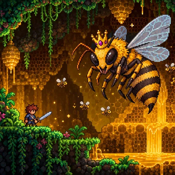 A small adventurer faces a large golden bee queen inside a glowing underground Jungle hive.