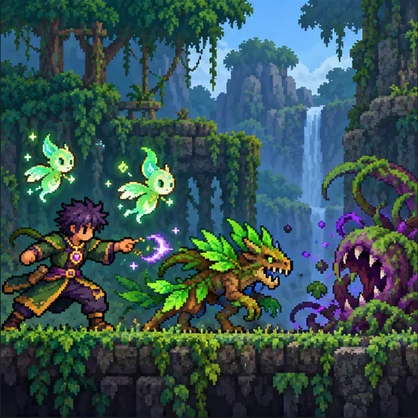 A summoner fights a leafy jungle monster while two small glowing minions hover overhead.