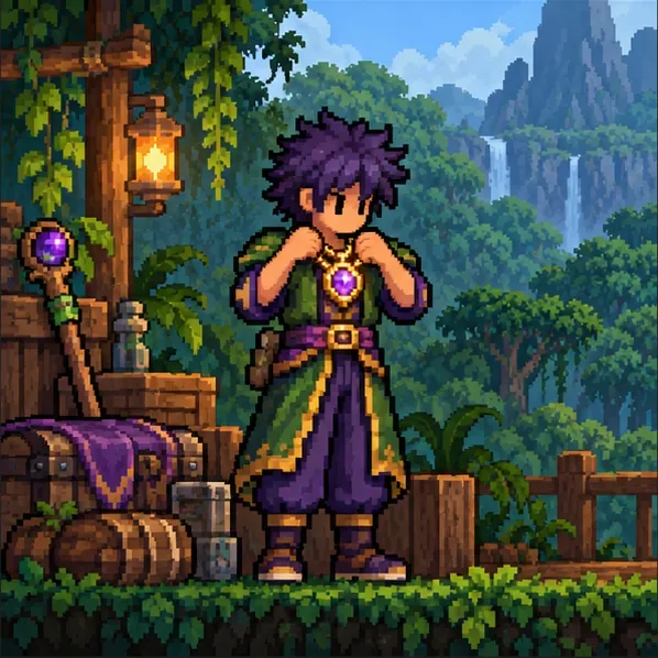 A summoner fastens a bright purple-and-gold necklace around their neck in a Jungle village.