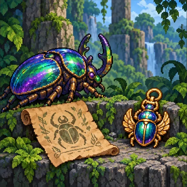 A colorful beetle, an illustrated scroll, and a finished scarab-shaped accessory sit separately on a Jungle stone ledge.