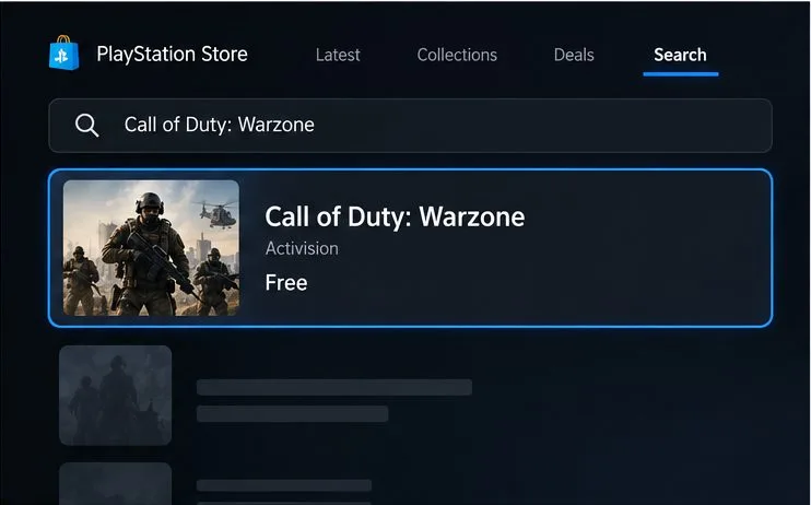 Illustrative PlayStation Store search result for Call of Duty: Warzone showing Activision and Free.