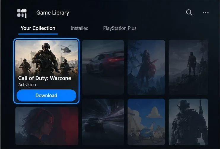 Illustrative PS5 Game Library with Call of Duty: Warzone highlighted and Download selected.