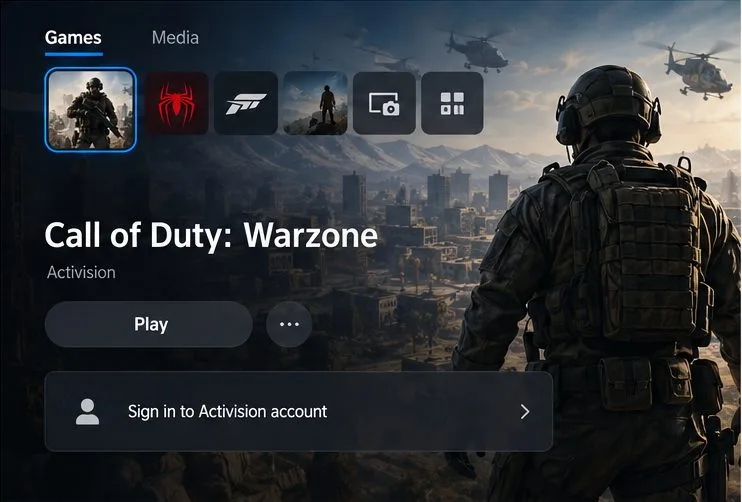 Illustrative Warzone game screen on PS5 with an Activision account sign-in option.