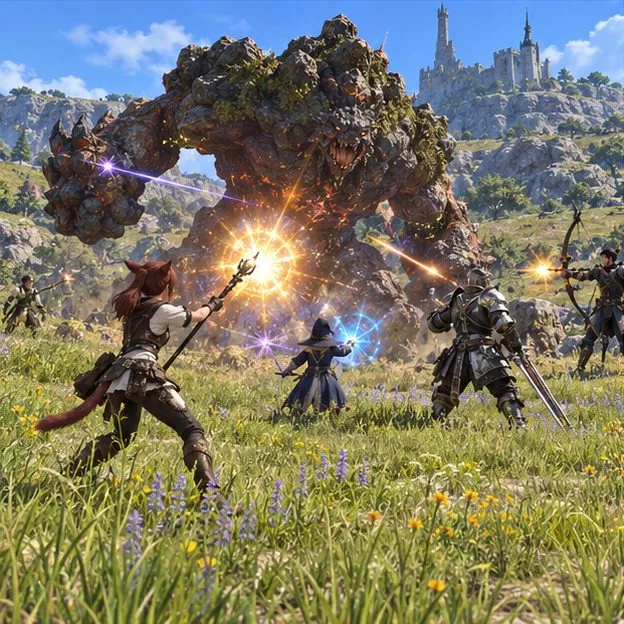 Several adventurers fight a large monster together in an open field, illustrating a FATE as an optional way to earn Company Seals.