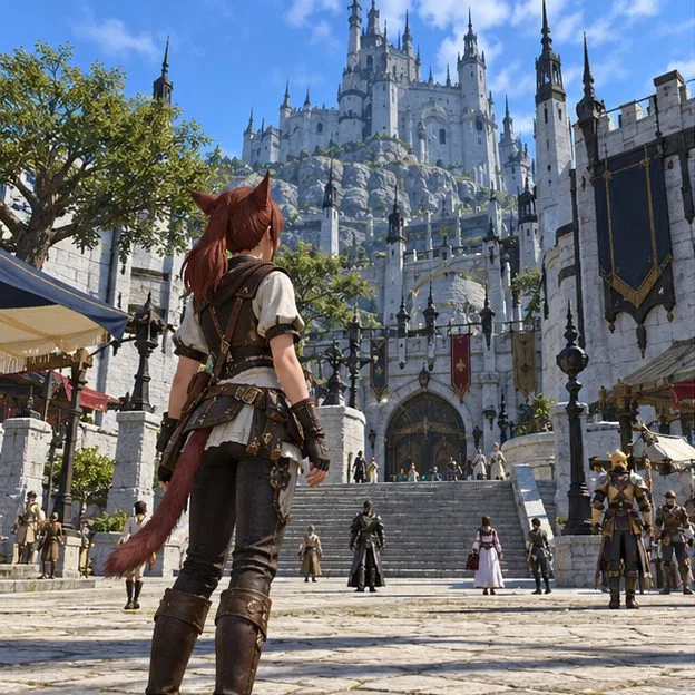 An adventurer stands in a busy stone city plaza, representing the early Main Scenario path toward the Grand Company choice.