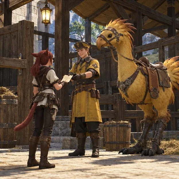 A stable keeper hands an adventurer an issuance paper beside a golden-yellow Chocobo.