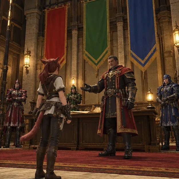 An adventurer speaks with a Grand Company officer beneath three colored banners in a command hall.