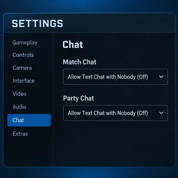 Ilustração das configurações de bate-papo do Rocket League com o bate-papo da partida e o bate-papo do grupo definidos como Permitir bate-papo por texto com ninguém (Desativado).