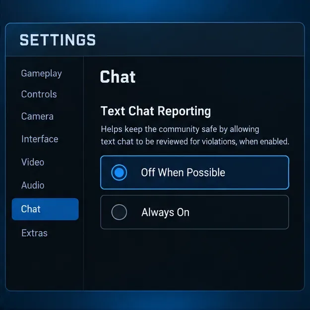 Ilustração das configurações de denúncia do chat de texto do Rocket League com a opção "Desativado quando possível" selecionada acima de "Sempre ativado".