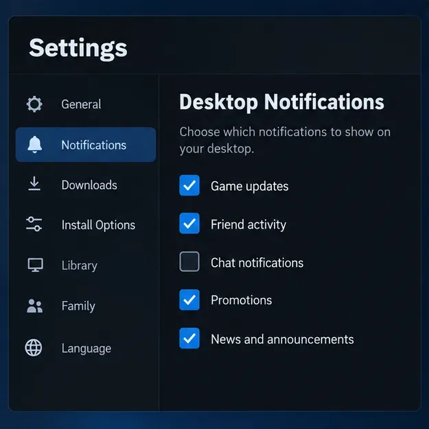 Ilustração das configurações de notificação da área de trabalho do Epic Games Launcher com a caixa de seleção de notificações de bate-papo desmarcada.