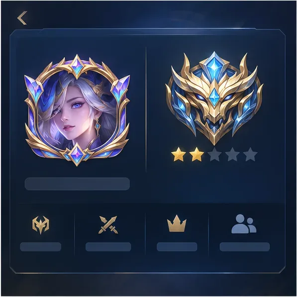 Conceptueel profiel voor een mobiele game, met een decoratief avatarframe los van een ranglijst-embleem.