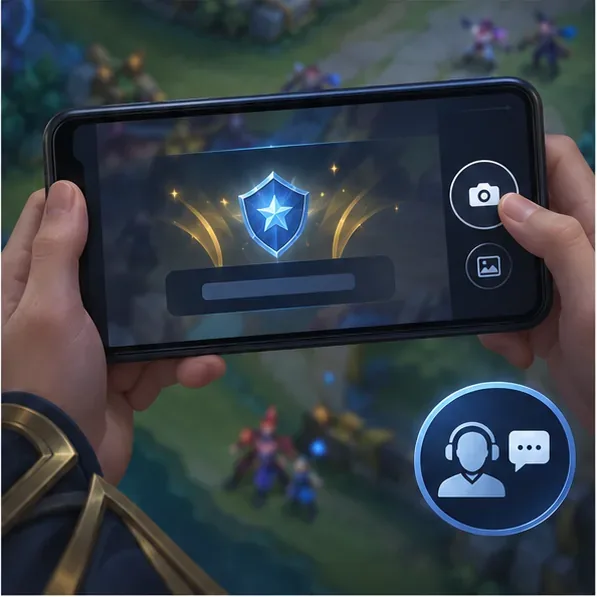 Speler die een onduidelijke weergave van het Star Protection-schild op een telefoon vastlegt voordat hij contact opneemt met de klantenservice.