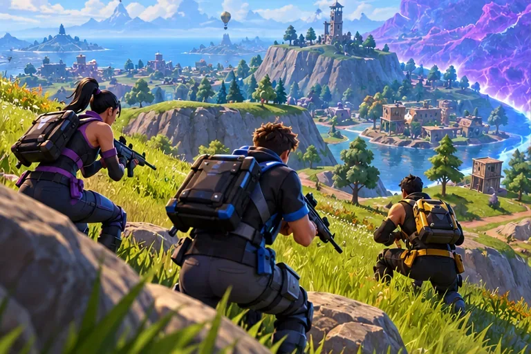 A coordinated three-player squad rotates together along high ground toward a safer part of a colorful island.
